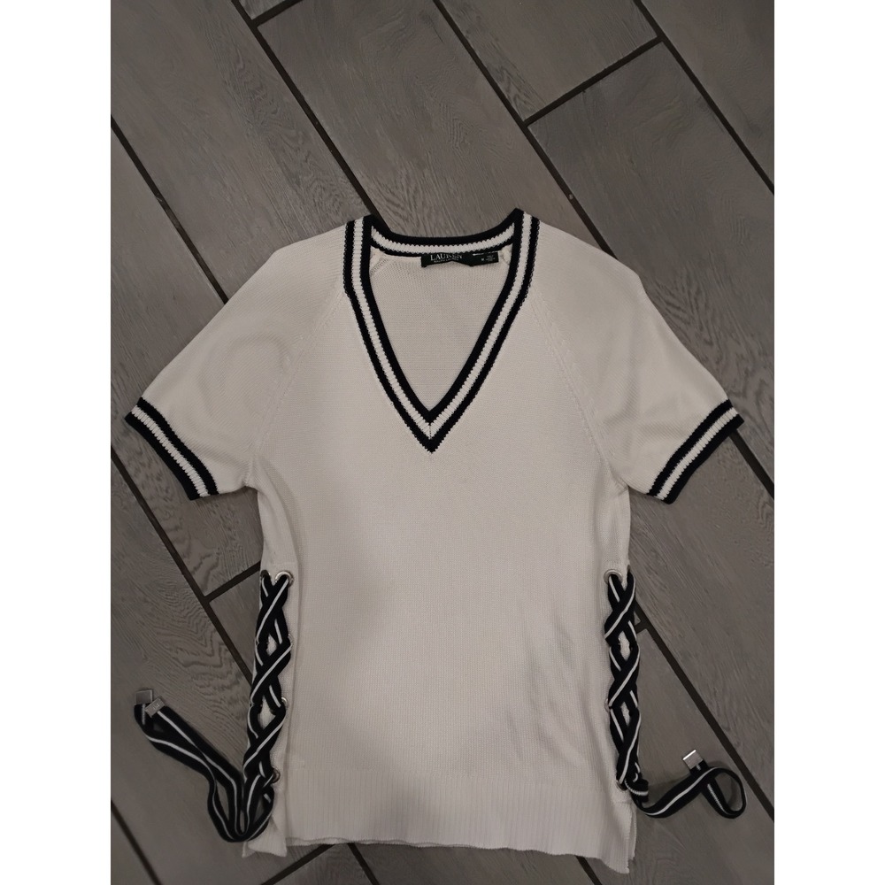 Lauren Ralph Lauren White V-Neck Knit Top Side Lace Up Preppy Short Sleeve Med